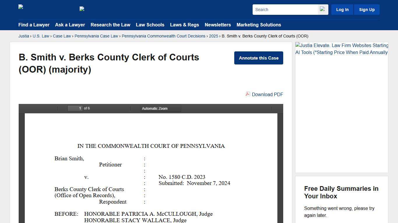 B. Smith v. Berks County Clerk of Courts (OOR) :: 2025 :: Pennsylvania Commonwealth Court Decisions :: Pennsylvania Case Law :: Pennsylvania Law :: U.S. Law :: Justia